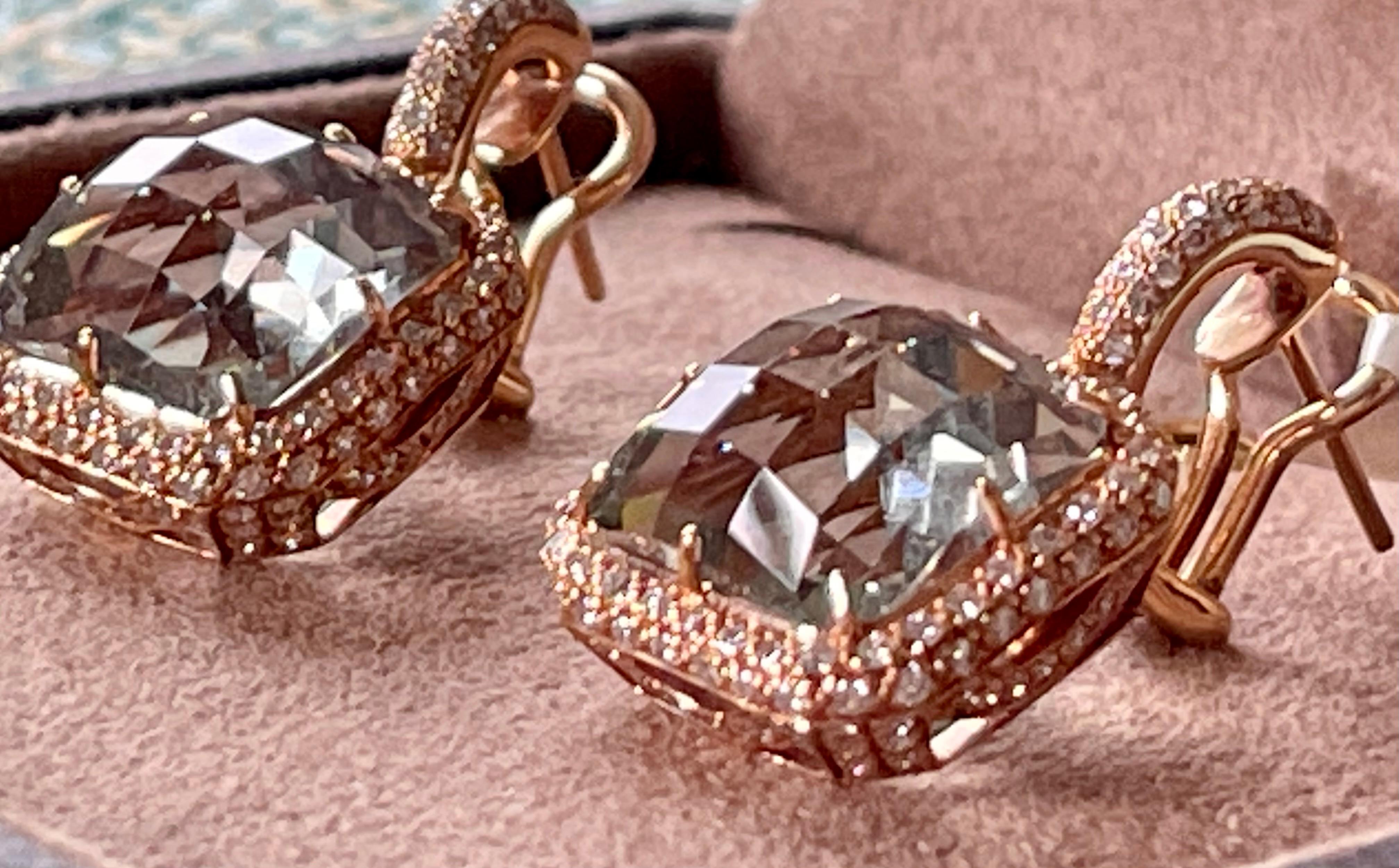 Elegant 18 K Rose Gold Earrings with Diamonds and Green Amethyst For Sale 7