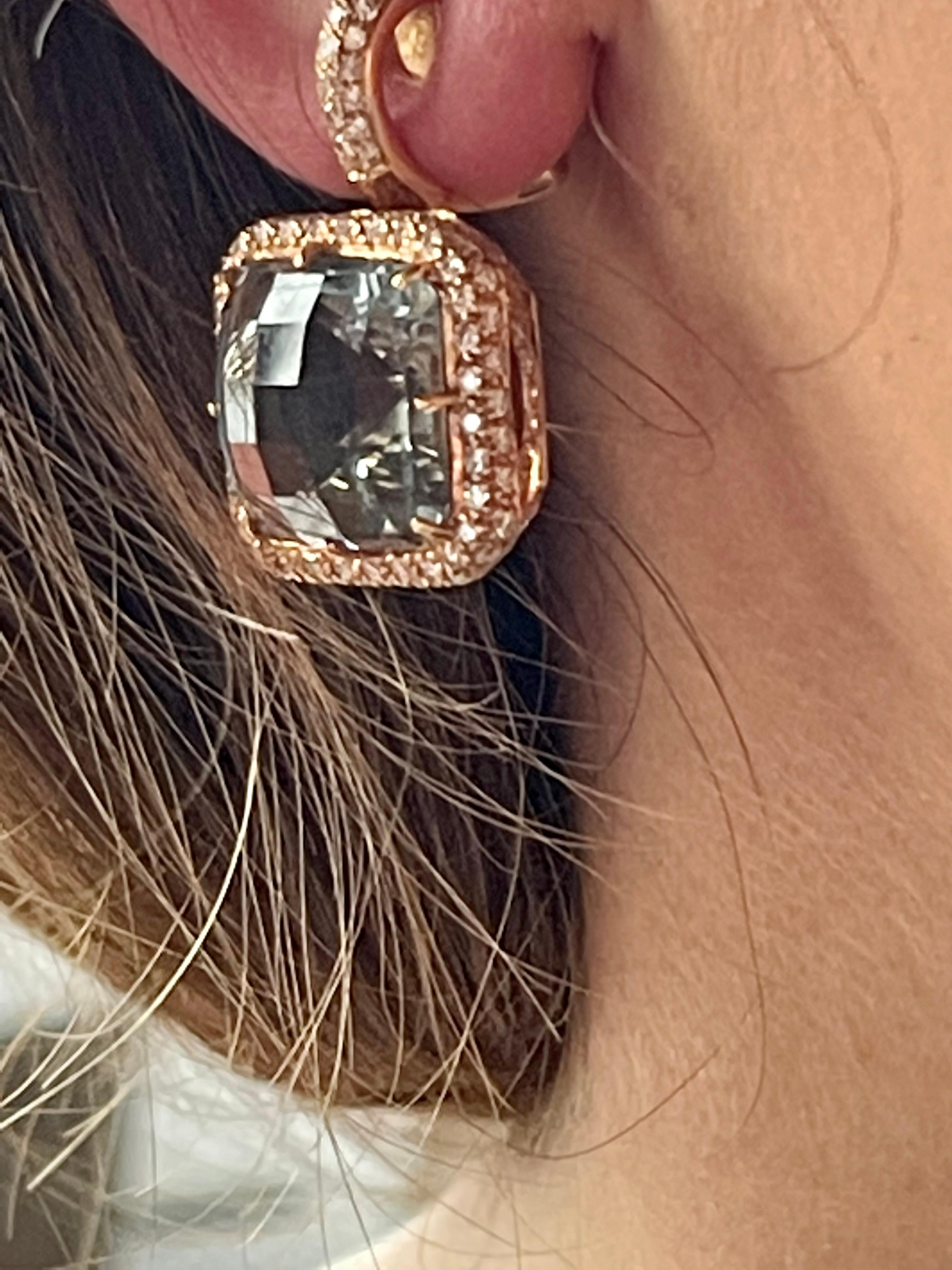 Brilliant Cut Elegant 18 K Rose Gold Earrings with Diamonds and Green Amethyst For Sale