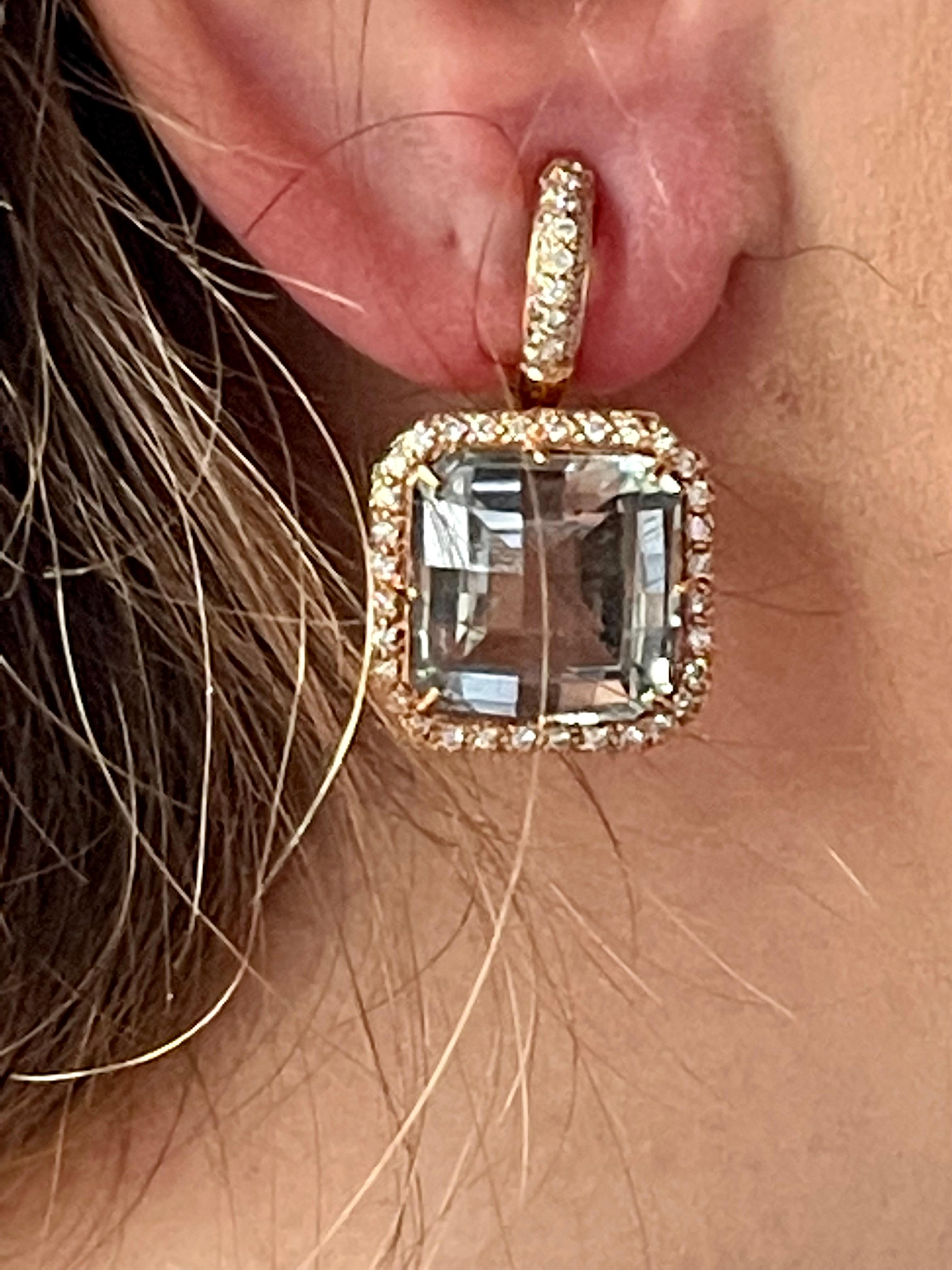 Women's or Men's Elegant 18 K Rose Gold Earrings with Diamonds and Green Amethyst For Sale