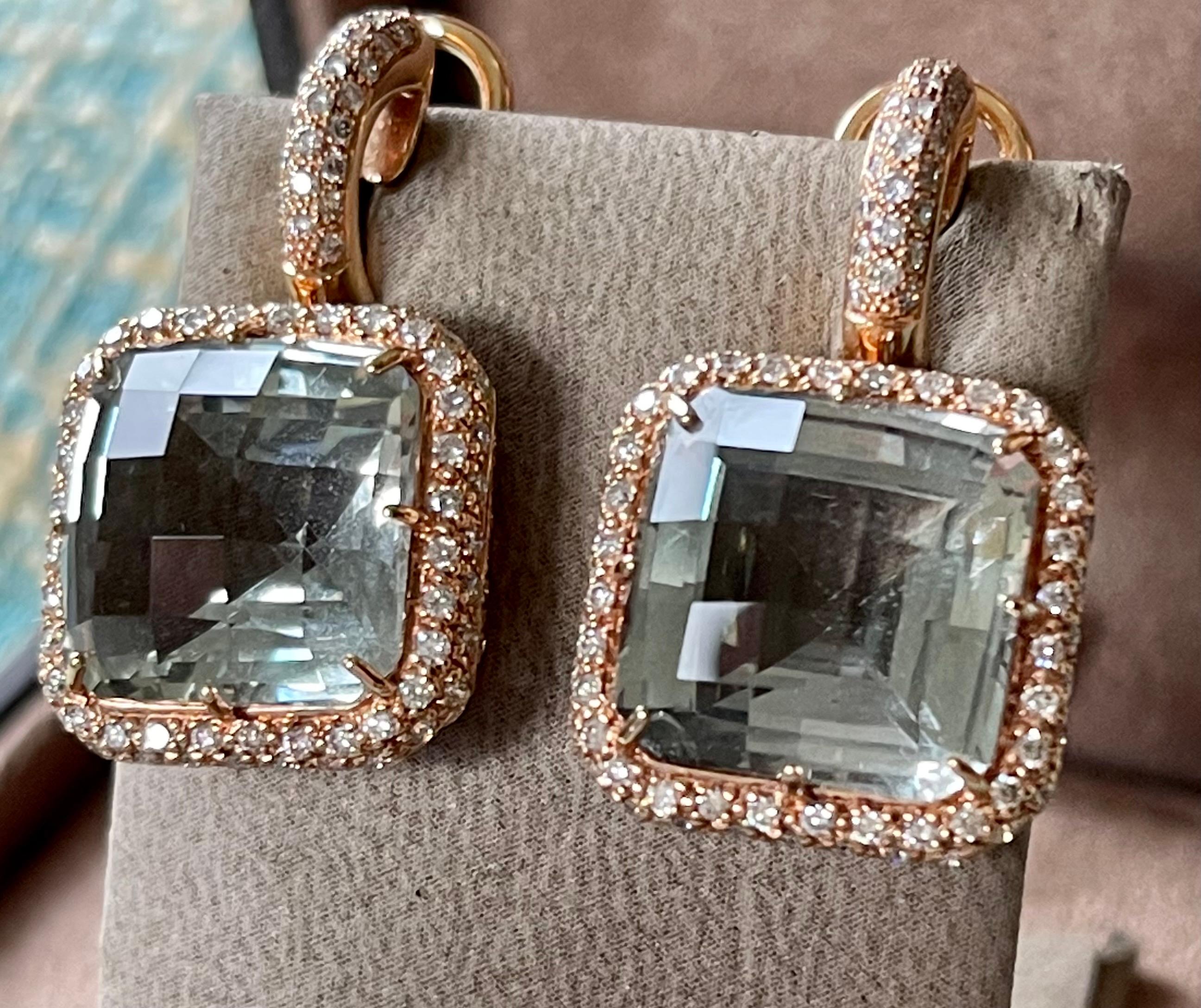 Elegant 18 K Rose Gold Earrings with Diamonds and Green Amethyst For Sale 1