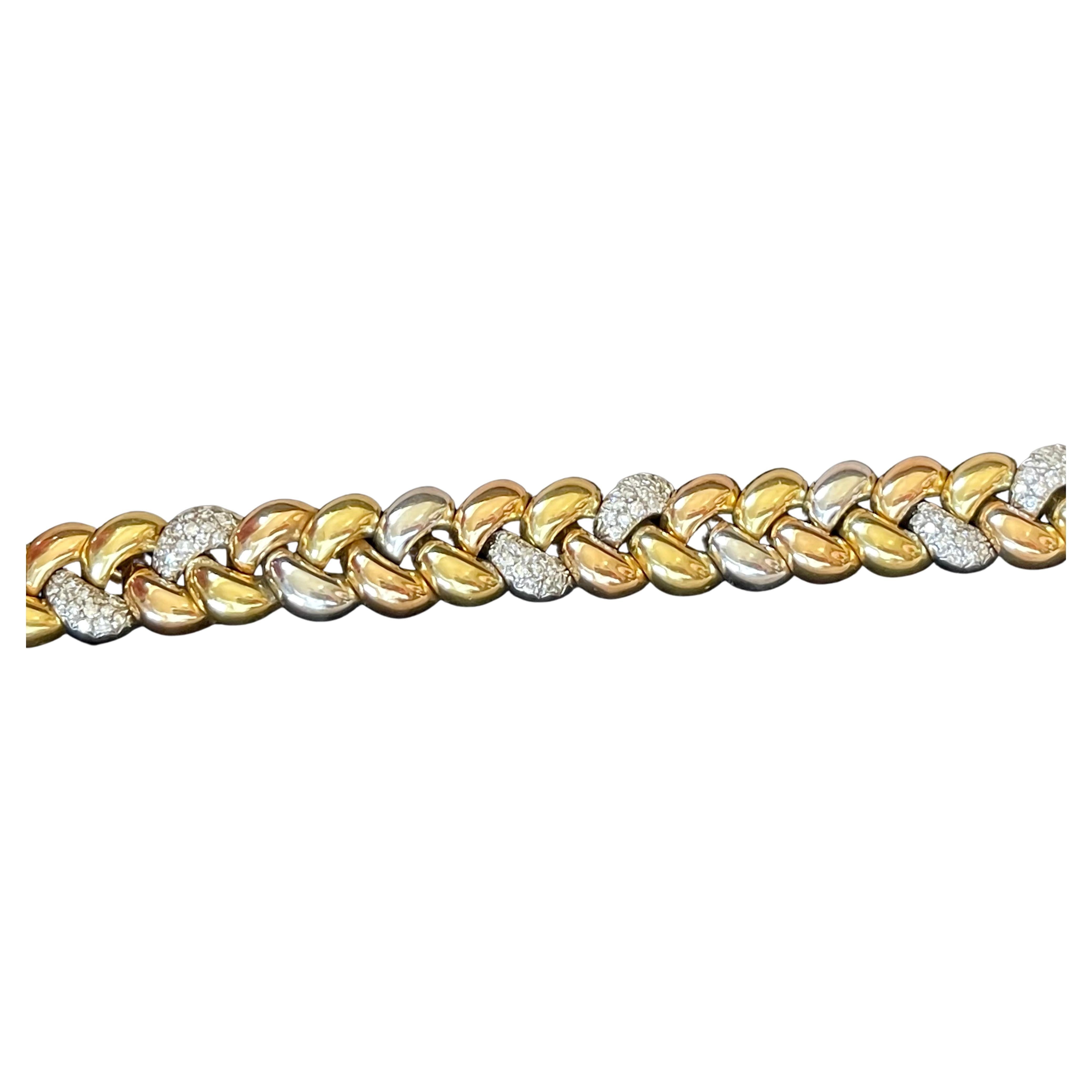 Elegant 18 K Tricolor Gold Diamond Bracelet Signed Poiray Paris For Sale