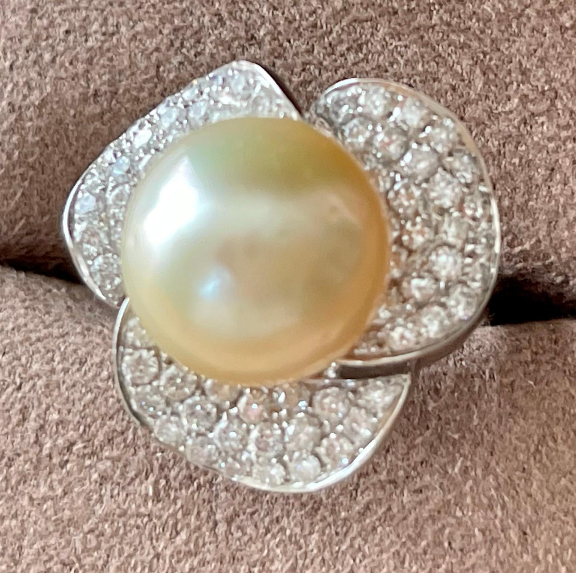 Elegant 18 K white Gold Ring featuring a cream colored South Sea Pearl with a slightly golden overtone surrounded by pave set petals. 73 brillinat cut Diamonds weighing 1.64 ct. Diammeter of the South Sea Pearl: 13.5mm
The ring is currently size
