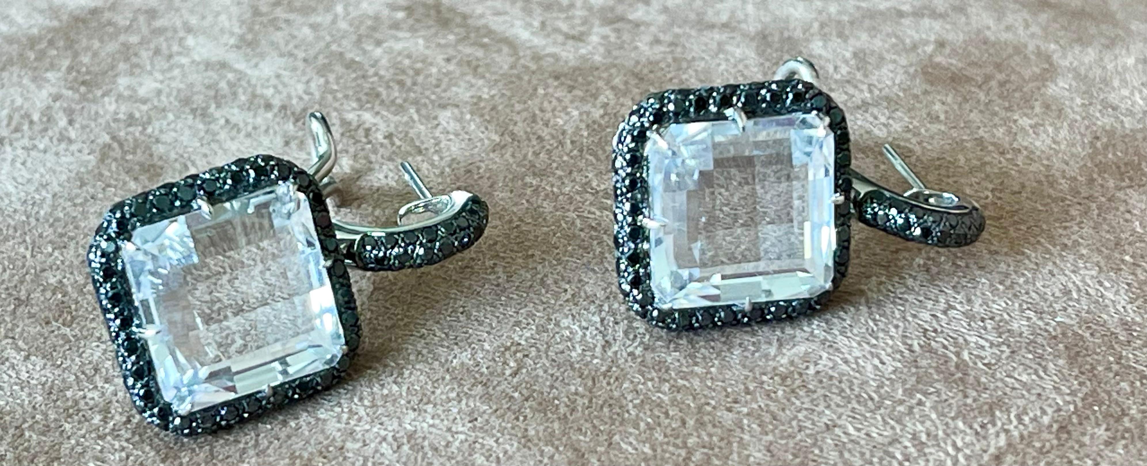 Eleganti orecchini in oro bianco 18 K con diamanti neri e cristallo di rocca in vendita 1