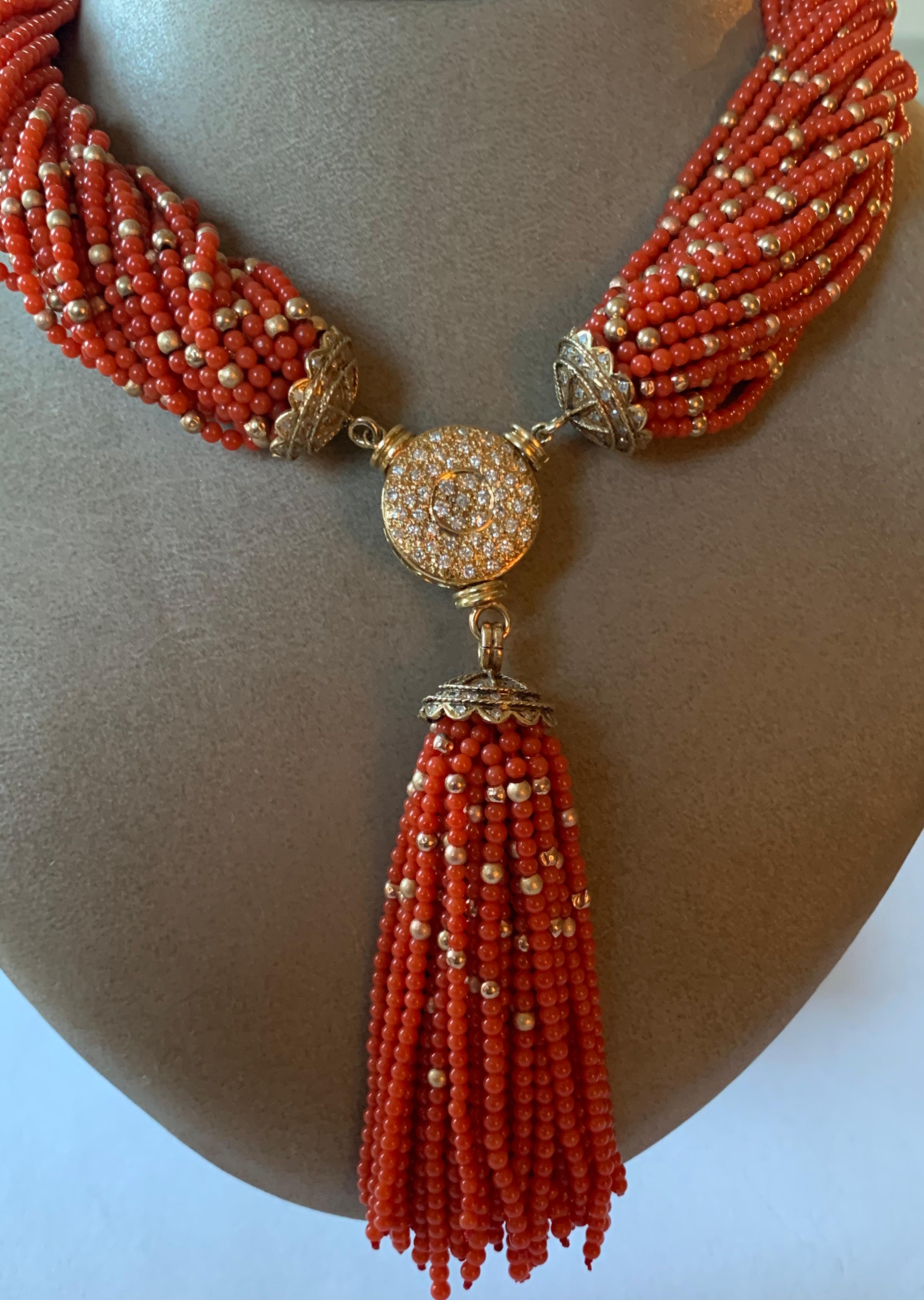 Brilliant Cut Elegant 18 Karat Yellow Gold Coral Tassel Torsade with Diamond Clasp Necklace For Sale