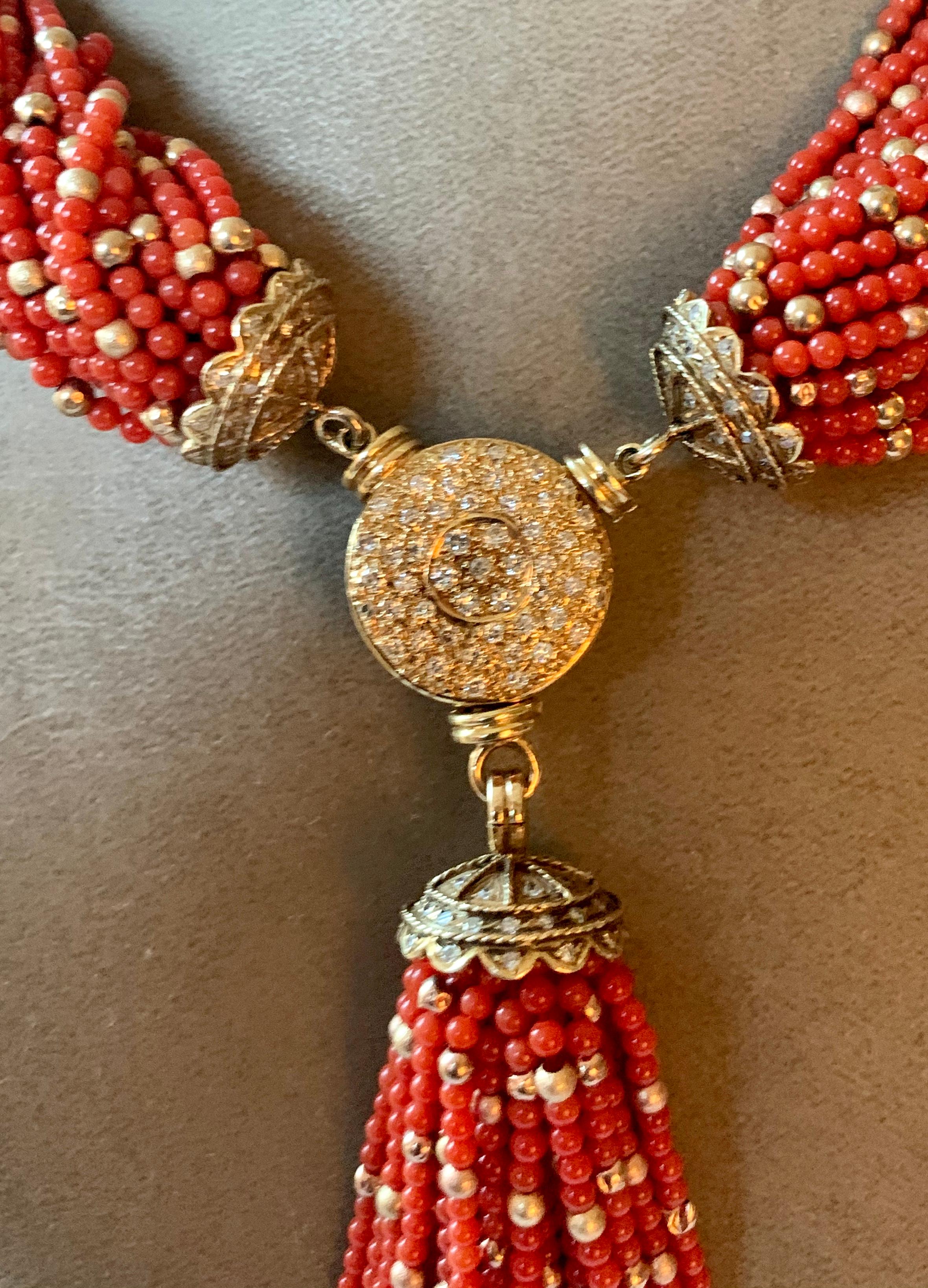 Women's Elegant 18 Karat Yellow Gold Coral Tassel Torsade with Diamond Clasp Necklace For Sale