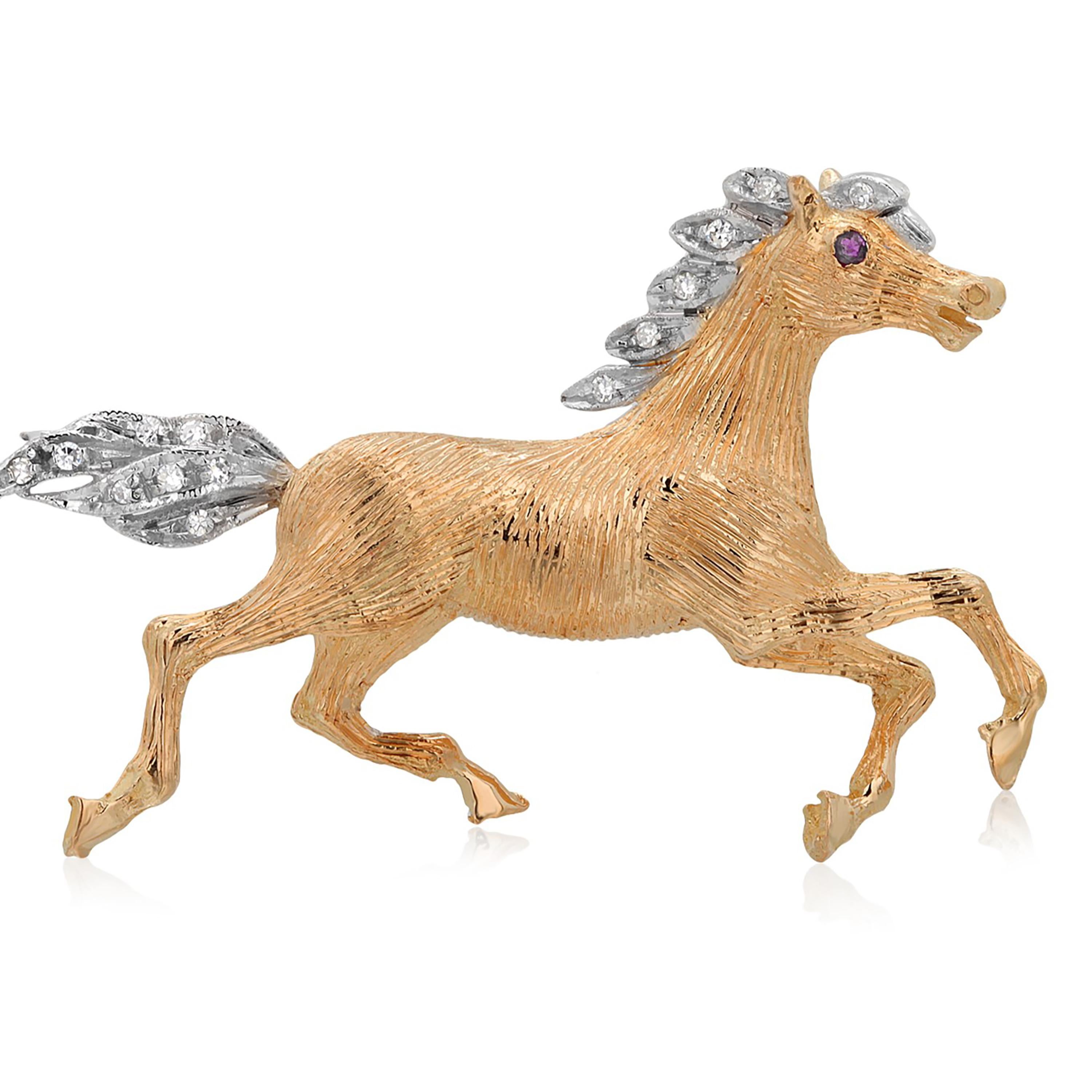 Femenino o masculino Elegante Broche de Oro de 18 Kilates en Dos Tonos Caballo Galopante con Detalles de Diamantes