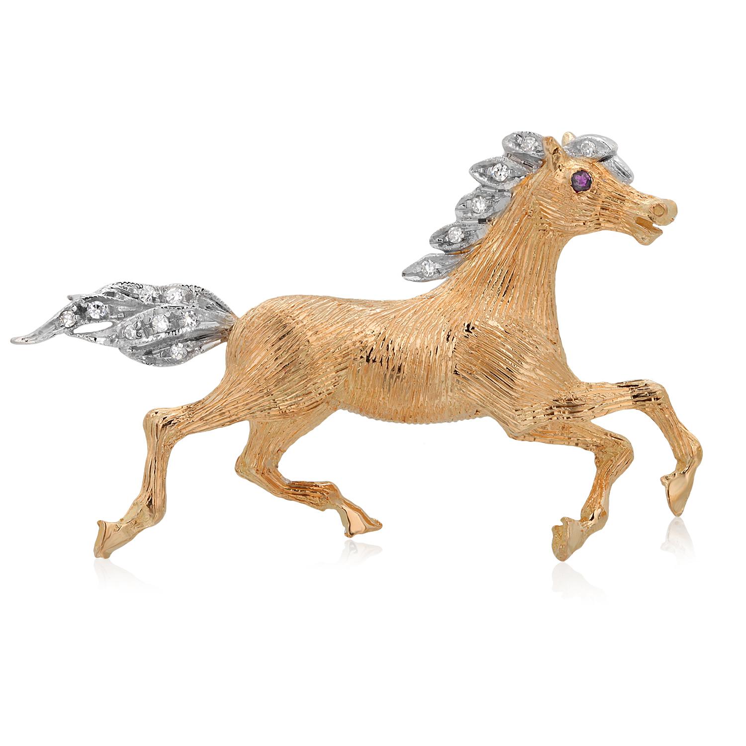 Elegante Broche de Oro de 18 Kilates en Dos Tonos Caballo Galopante con Detalles de Diamantes 2