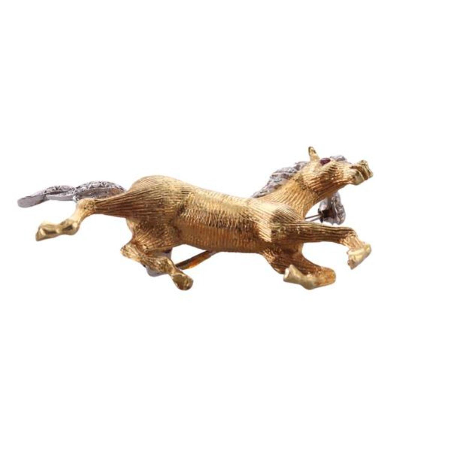 Elegante Broche de Oro de 18 Kilates en Dos Tonos Caballo Galopante con Detalles de Diamantes 3