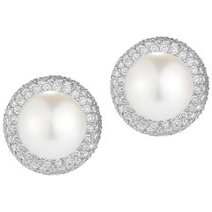 Elegant 18 Karat White Gold Diamond and South Sea Pearl Earrings