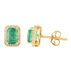 Elegant 1.83Ct Zambian Emerald Stud Earrings with Diamond Halo 18K Yellow Gold