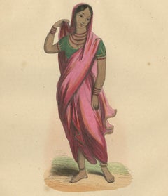 Elegant 1844 Lithograph of a High-Class Indian Woman in Traditional Saree