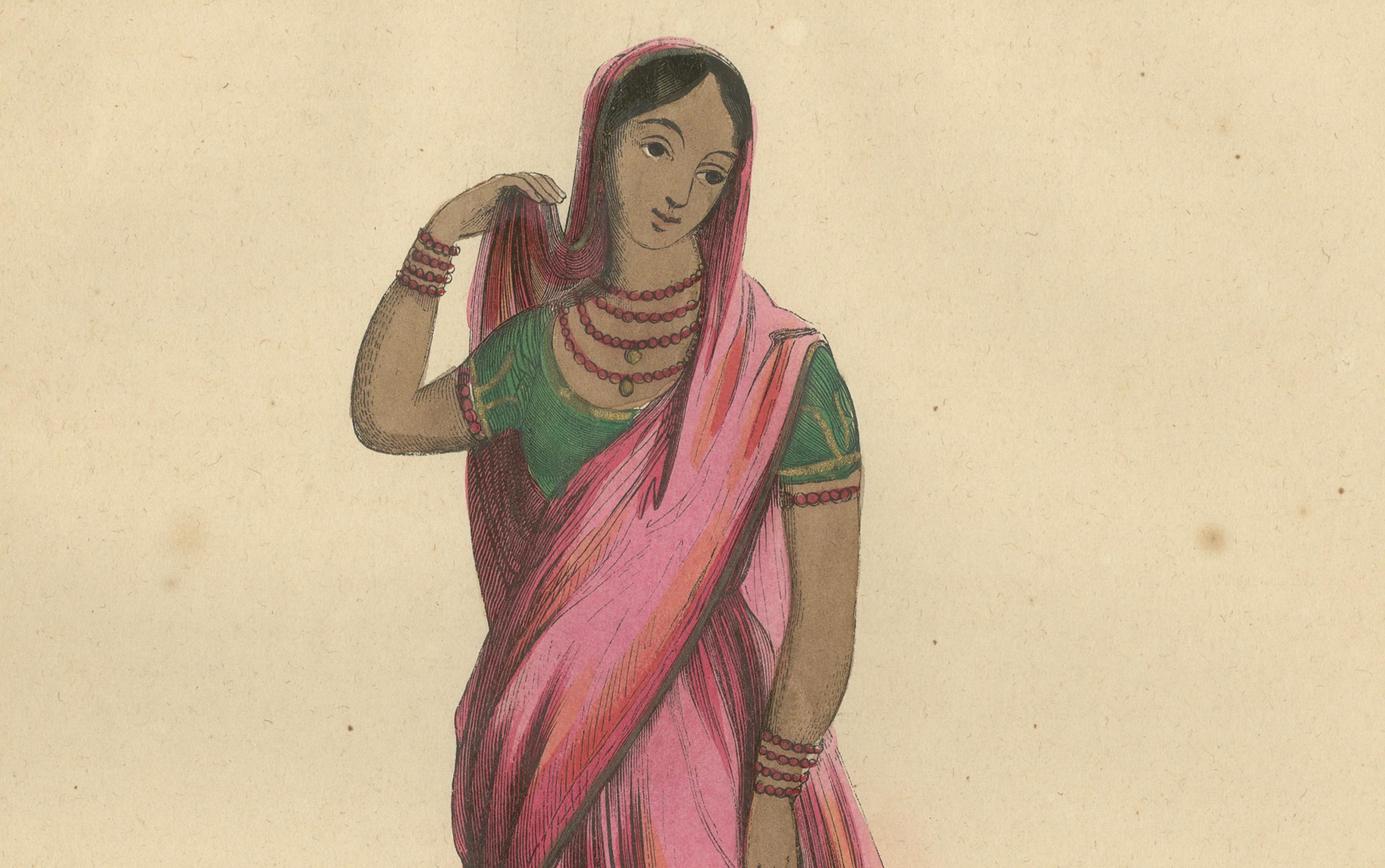 Mid-19th Century Elegant 1844 Lithograph of a High-Class Indian Woman in Traditional Saree For Sale