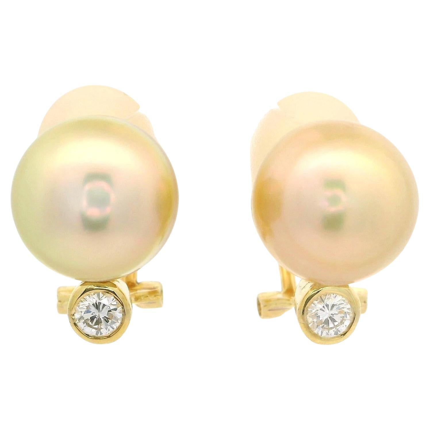 Elegant 18k Gold 11.3mm Golden Pearl 0.30ctw Diamond Classic Clip On Earrings