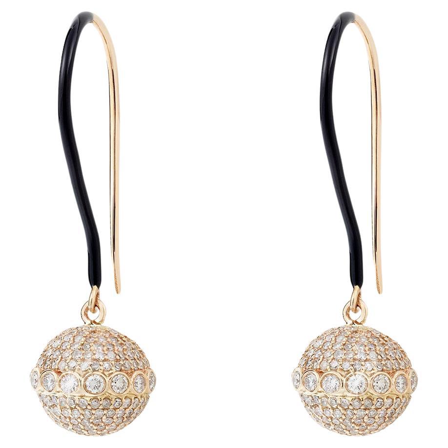 Elegant 18K Gold & Diamond Orb Earrings with Black Enamel