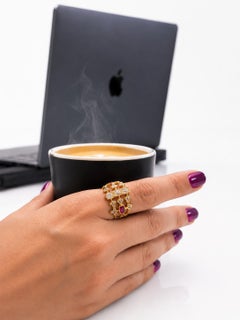 Elegant 18K Gold Filigree Ring with Ruby and Diamonds