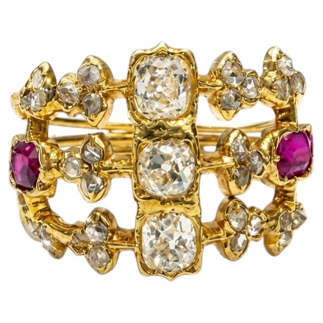 Elegant 18K Gold Filigree Ring with Ruby and Diamonds