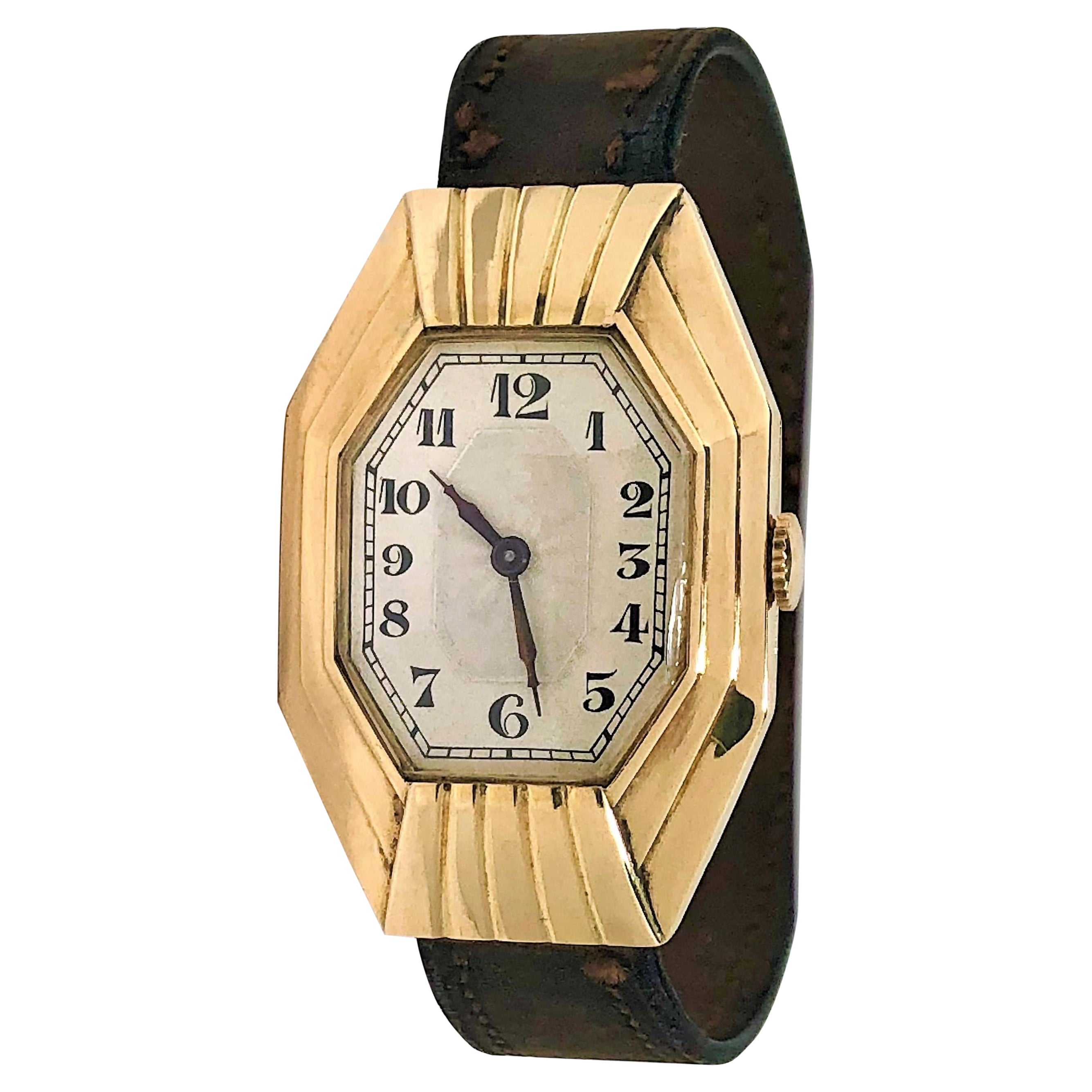 Elegante reloj de pulsera francés Art-Deco Curvex de oro de 18 quilates de Leon Hatot