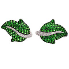 Elegant 18k Gold Leaf Earrings with Tsavorites & Diamonds