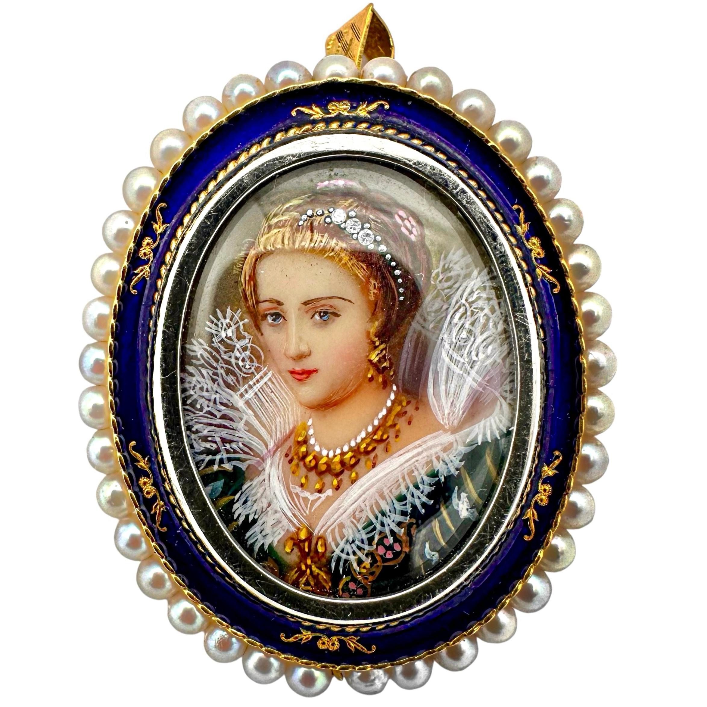 This truly amazing Mid-20th Century Italian pendant / brooch crafted in 18k yellow gold with cobalt blue enamel accents represents the very best of this delightful genre. A beautiful lady in classical Renaissance garb wearing a tiara of actual