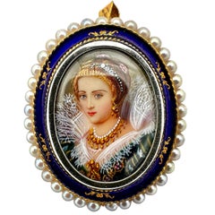 Elegant 18K Gold Vintage Portrait Pendant/Brooch w/Blue Enamel & Pearl Frame