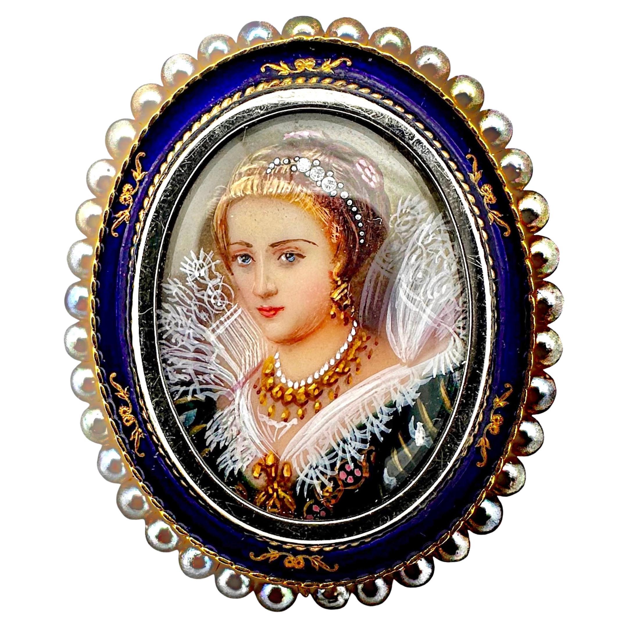 Elegant 18K Gold Vintage Portrait Pendant/Brooch w/Blue Enamel & Pearl Frame