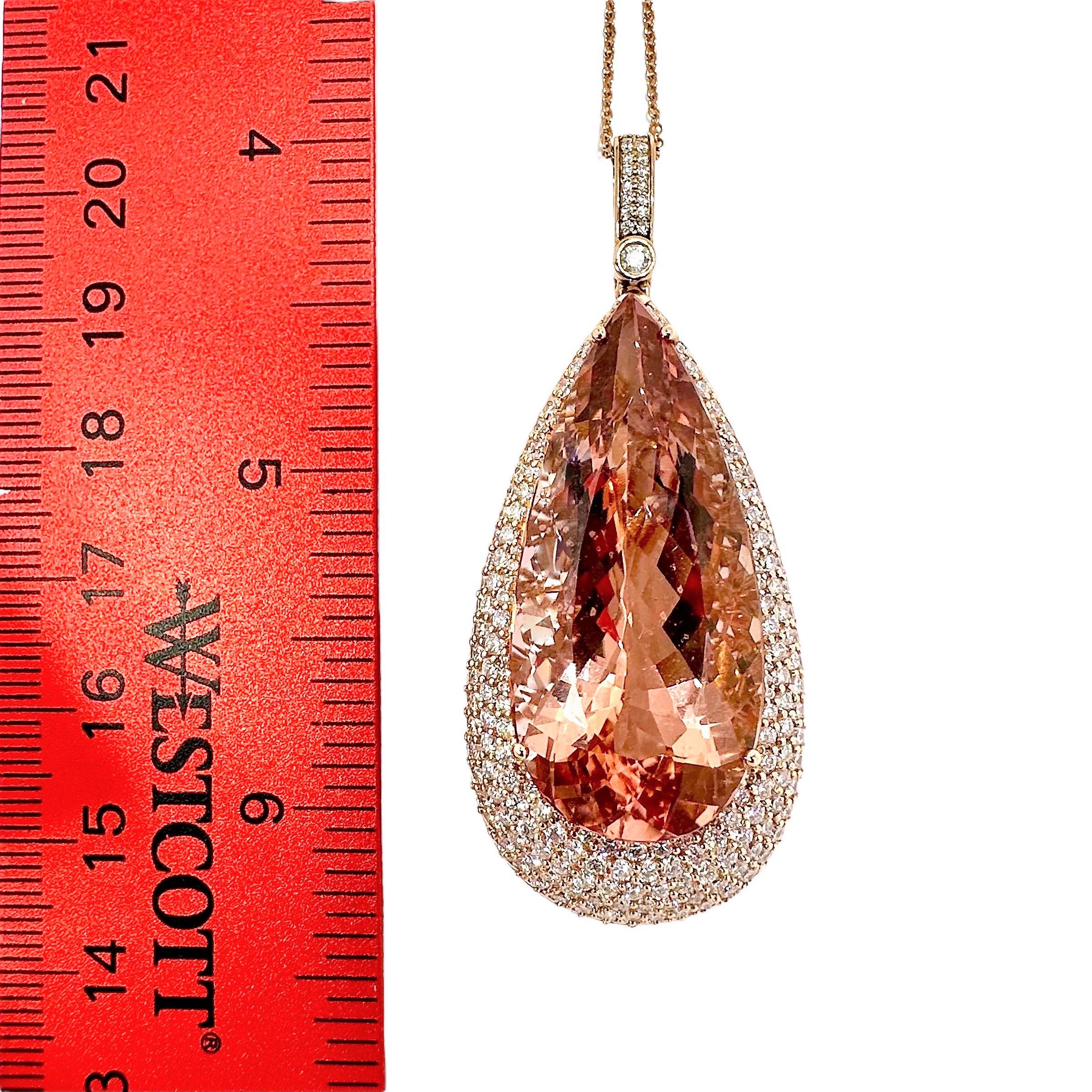 Modern Elegant 18K Pink Gold, 40.00ct Morganite and Diamond Pendant with Chain For Sale