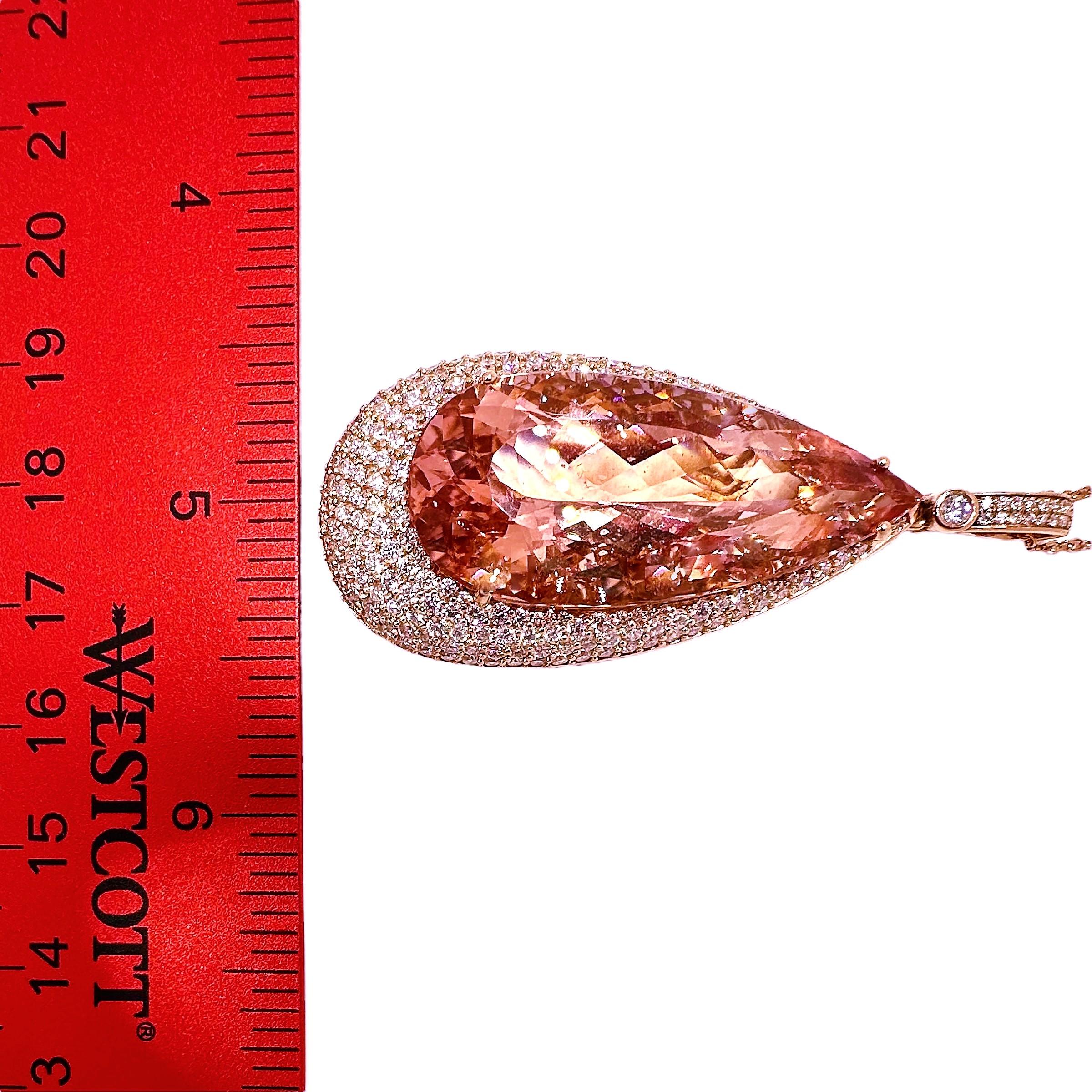 Brilliant Cut Elegant 18K Pink Gold, 40.00ct Morganite and Diamond Pendant with Chain For Sale