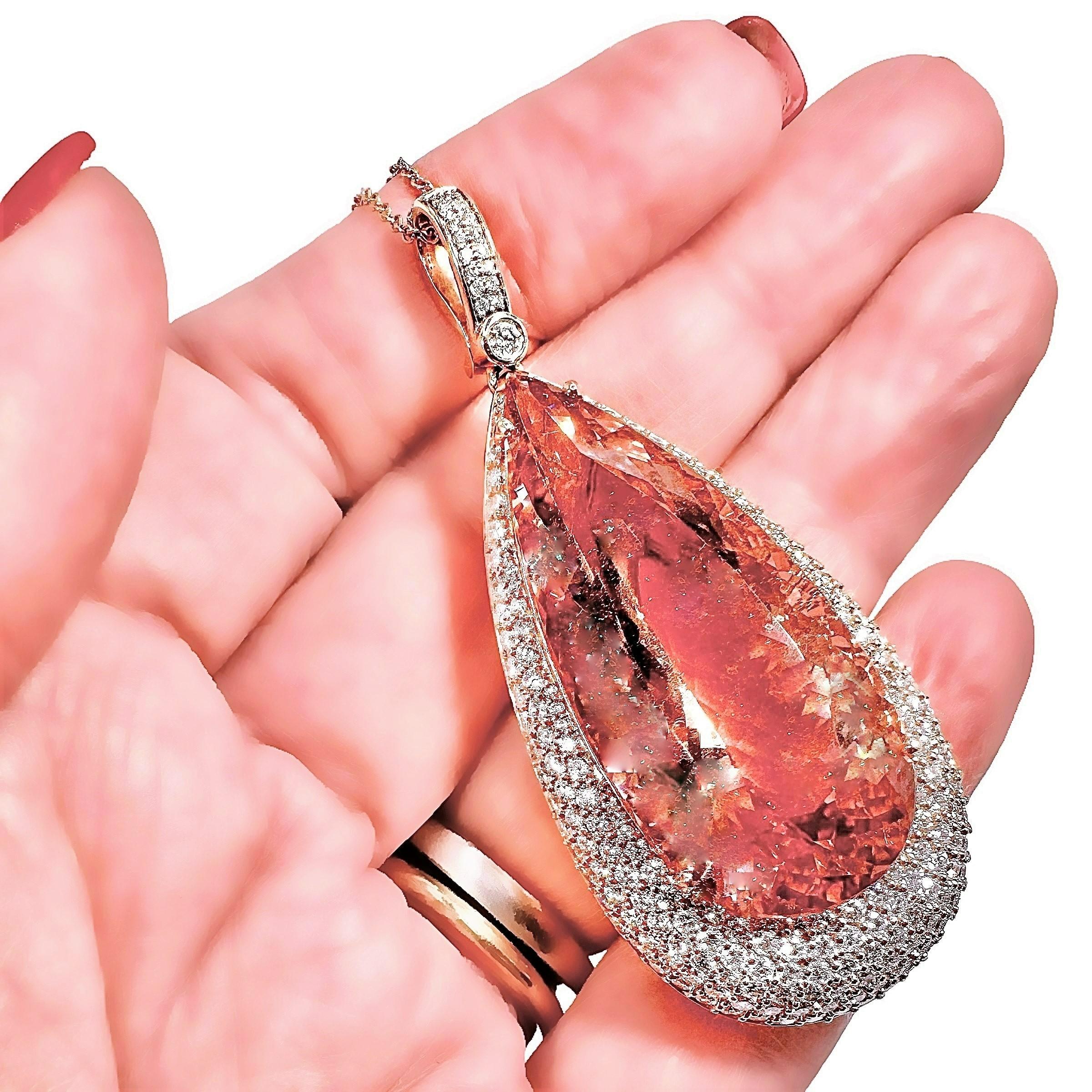 Elegant 18K Pink Gold, 40.00ct Morganite and Diamond Pendant with Chain In Good Condition For Sale In Palm Beach, FL
