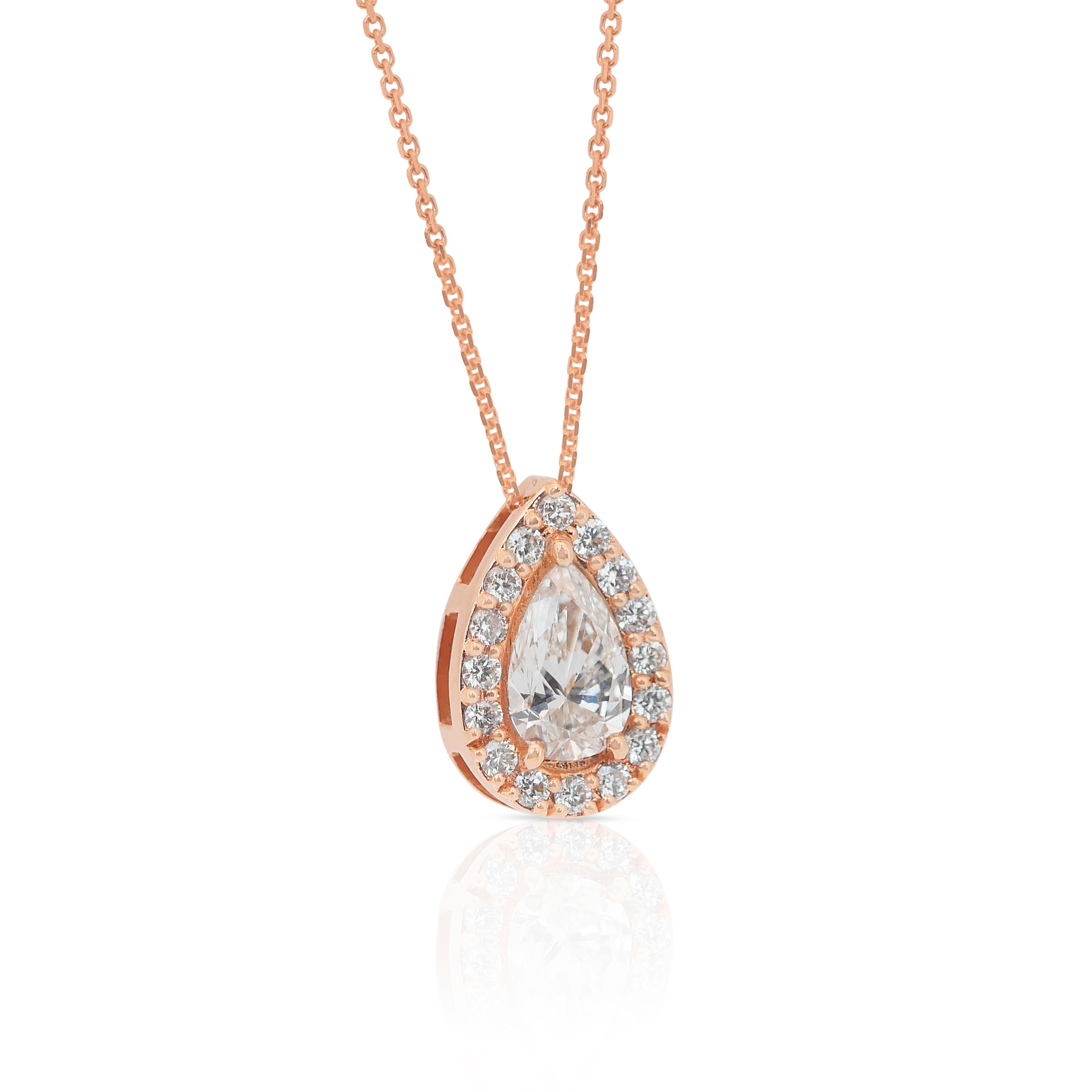 Pear Cut Radiant 0.97ct Diamonds Halo Necklace with Pendant in 18k Rose Gold