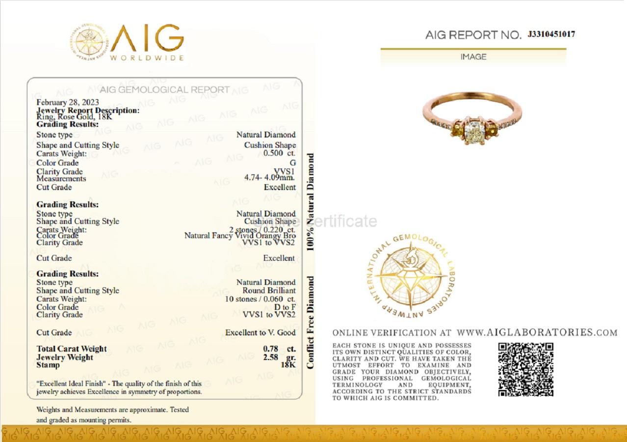 Elegant 18k Rose Gold Three Stone Ring 0.78 Ct Natural Diamonds AIG Certificate 6