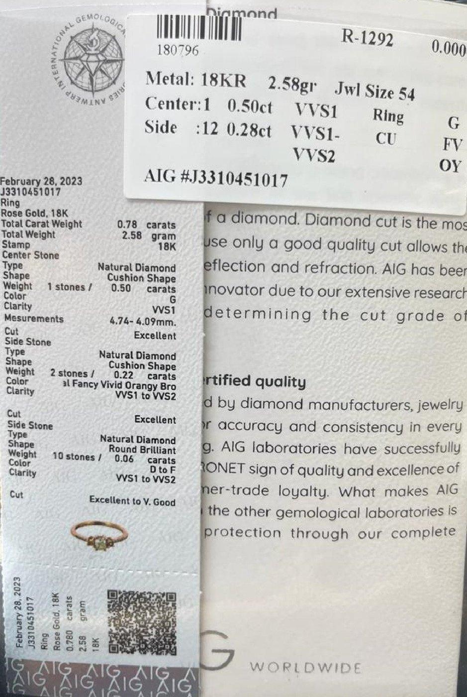 Elegant 18k Rose Gold Three Stone Ring 0.78 Ct Natural Diamonds AIG Certificate 3