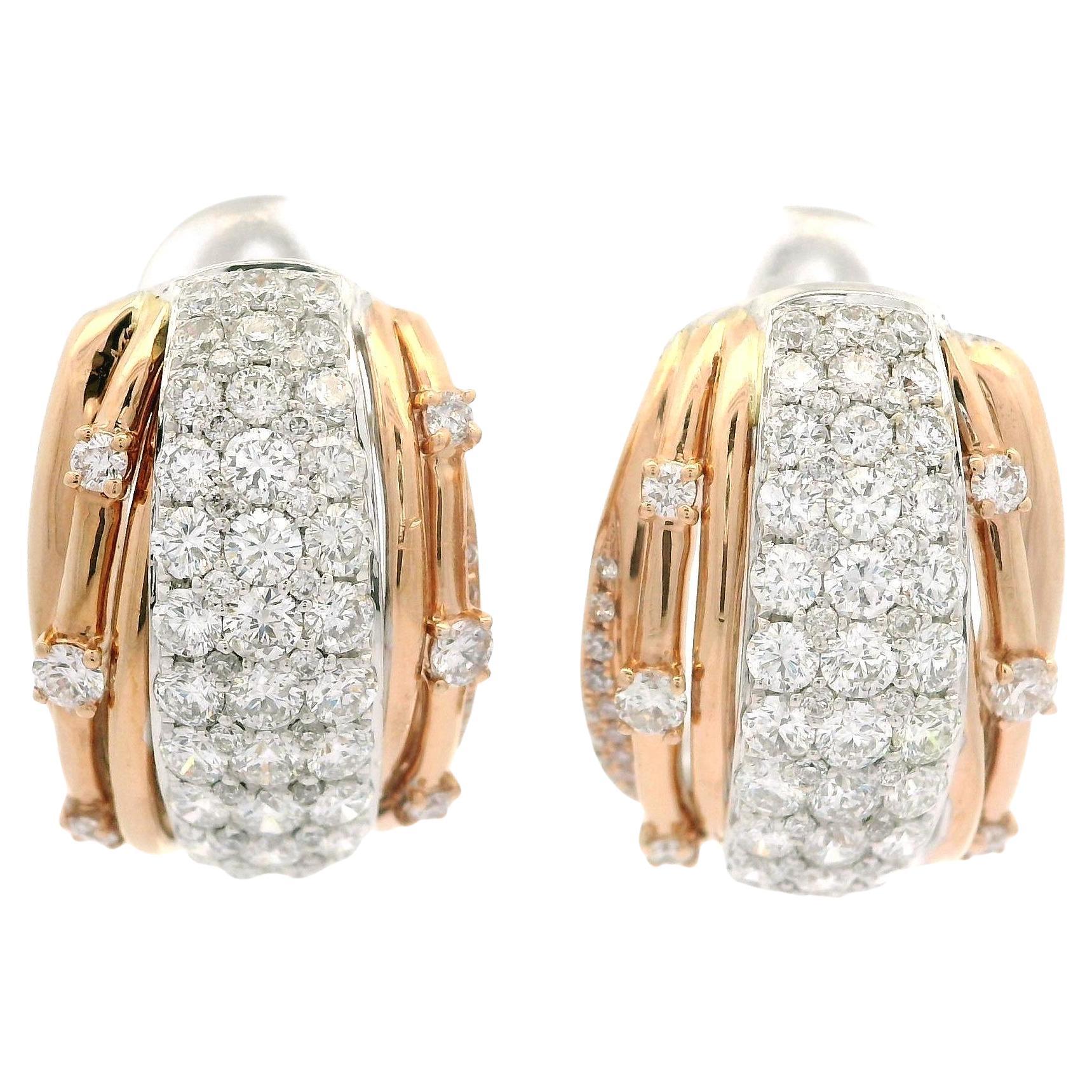 Elegant 18k Rose & White Gold 2.61ctw Very Fiery Diamond Cuff Omega Earrings