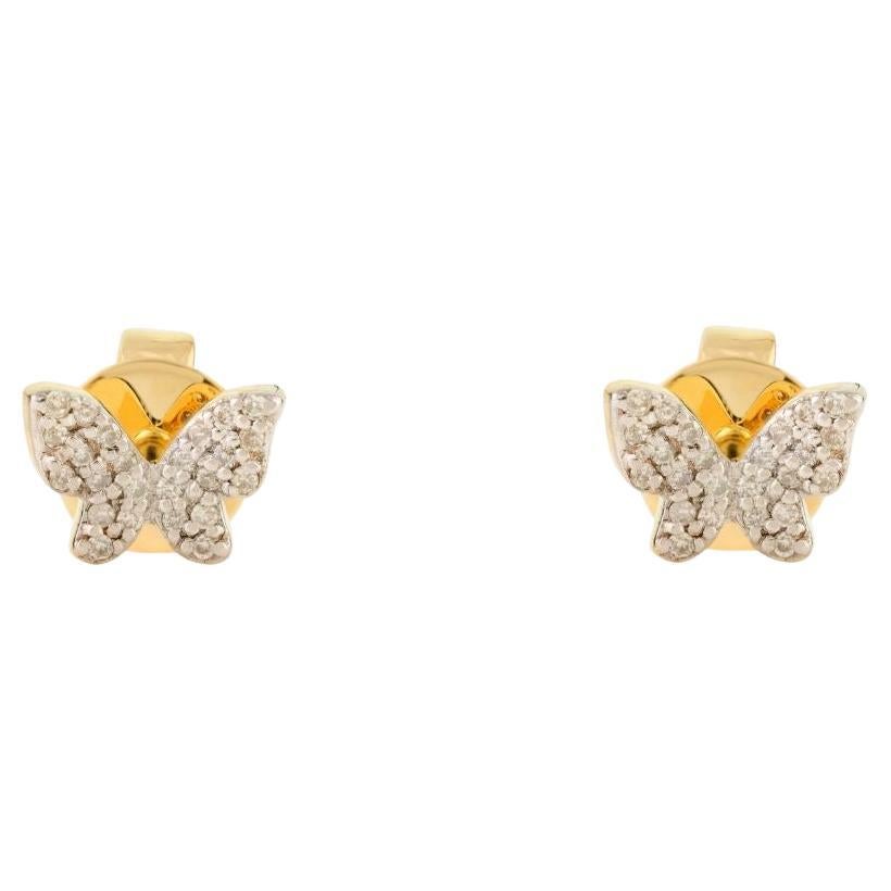 Elegant 18k Solid Yellow Gold Diamond Butterfly Stud Earrings For Women