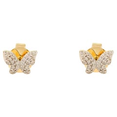 Elegant 18k Solid Yellow Gold Diamond Butterfly Stud Earrings For Women