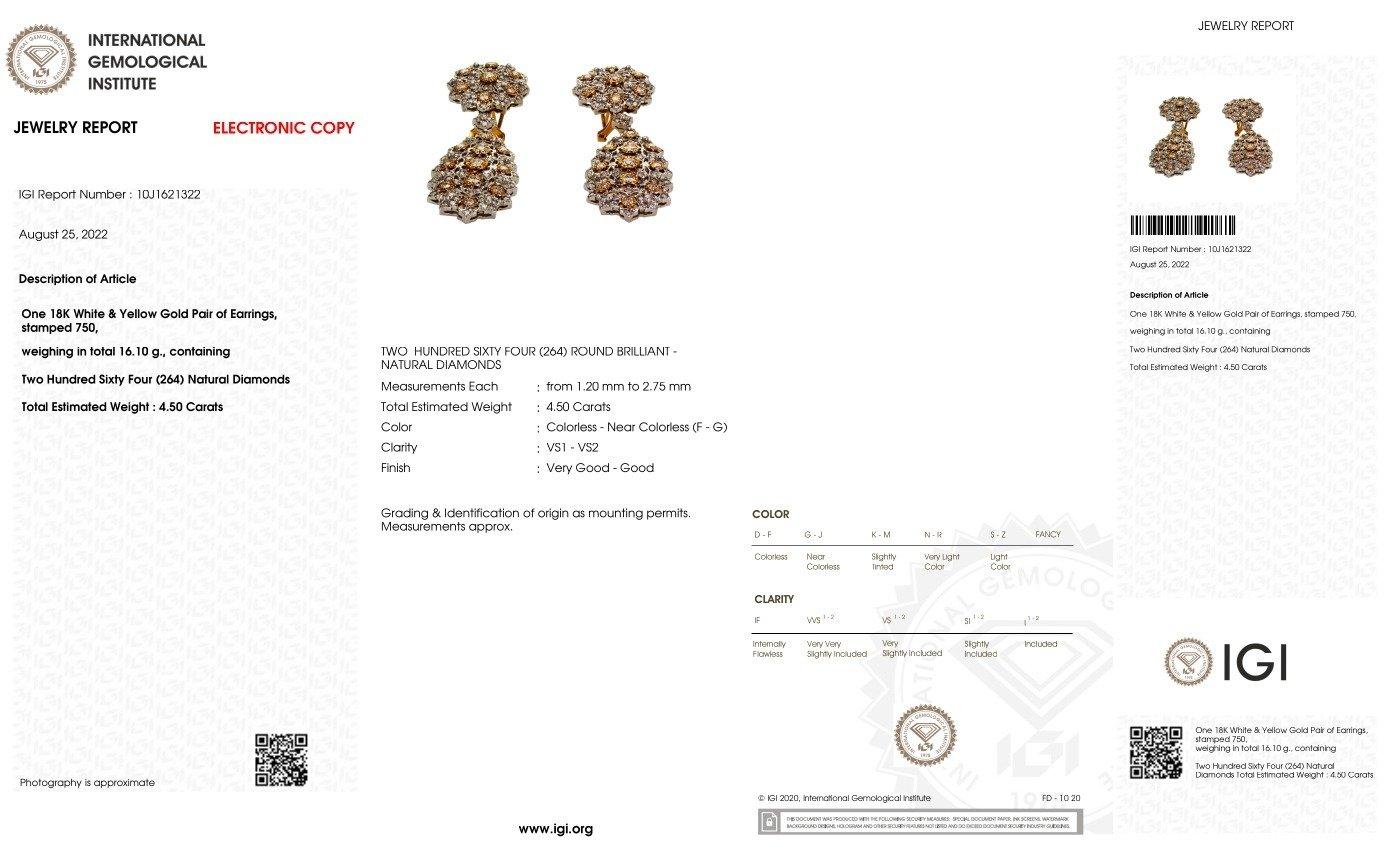 Art Nouveau Elegant 18k Two Tone Earrings with 4.50 Natural Diamonds, IGI Certificate