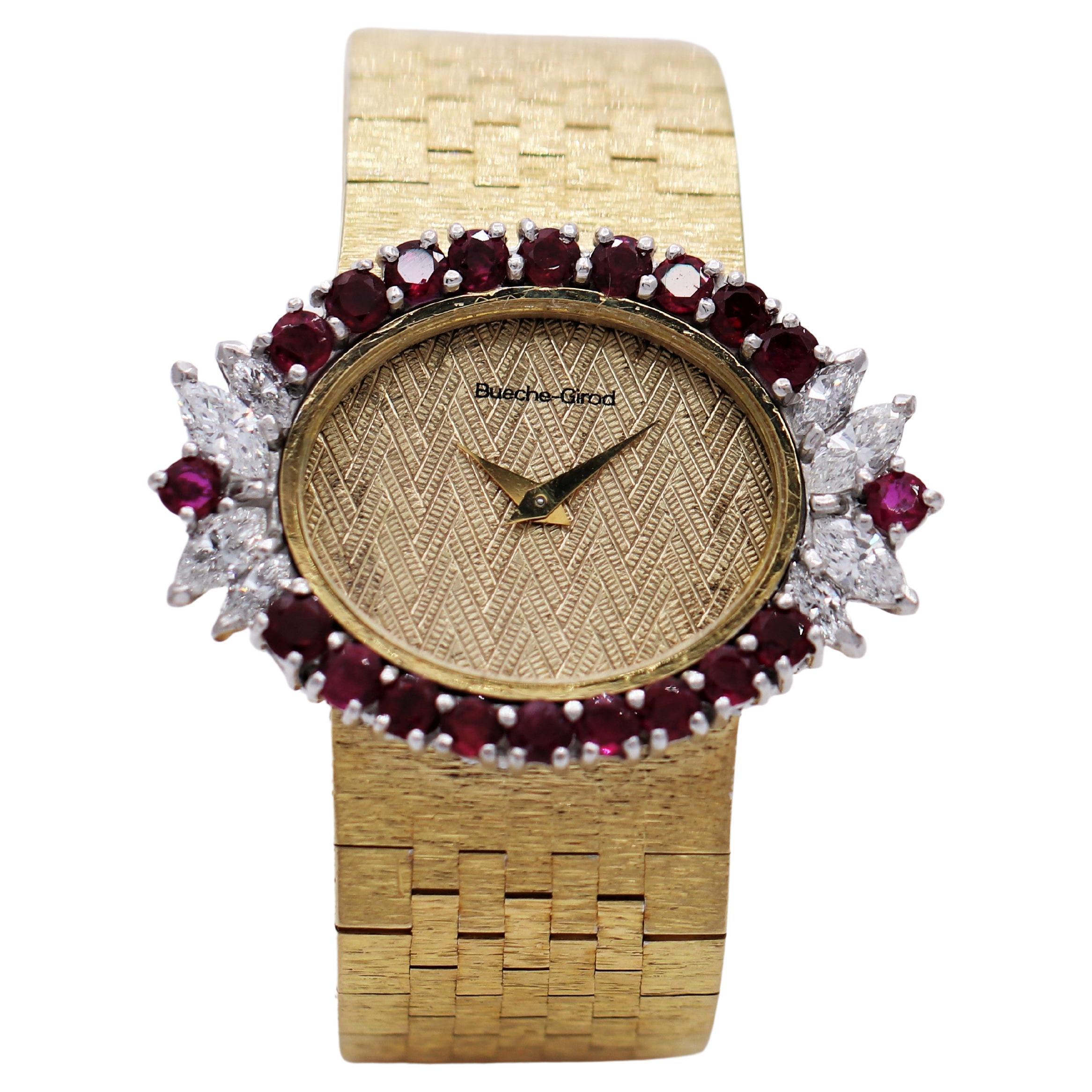 This elegant 18k yellow gold ladies cocktail watch was designed and created in Geneva Switzerland by Bueche-Girod during the 1970's. Featuring an oval head, and herring bone pattern dial with some minor staining, it is surrounded by luxurious round