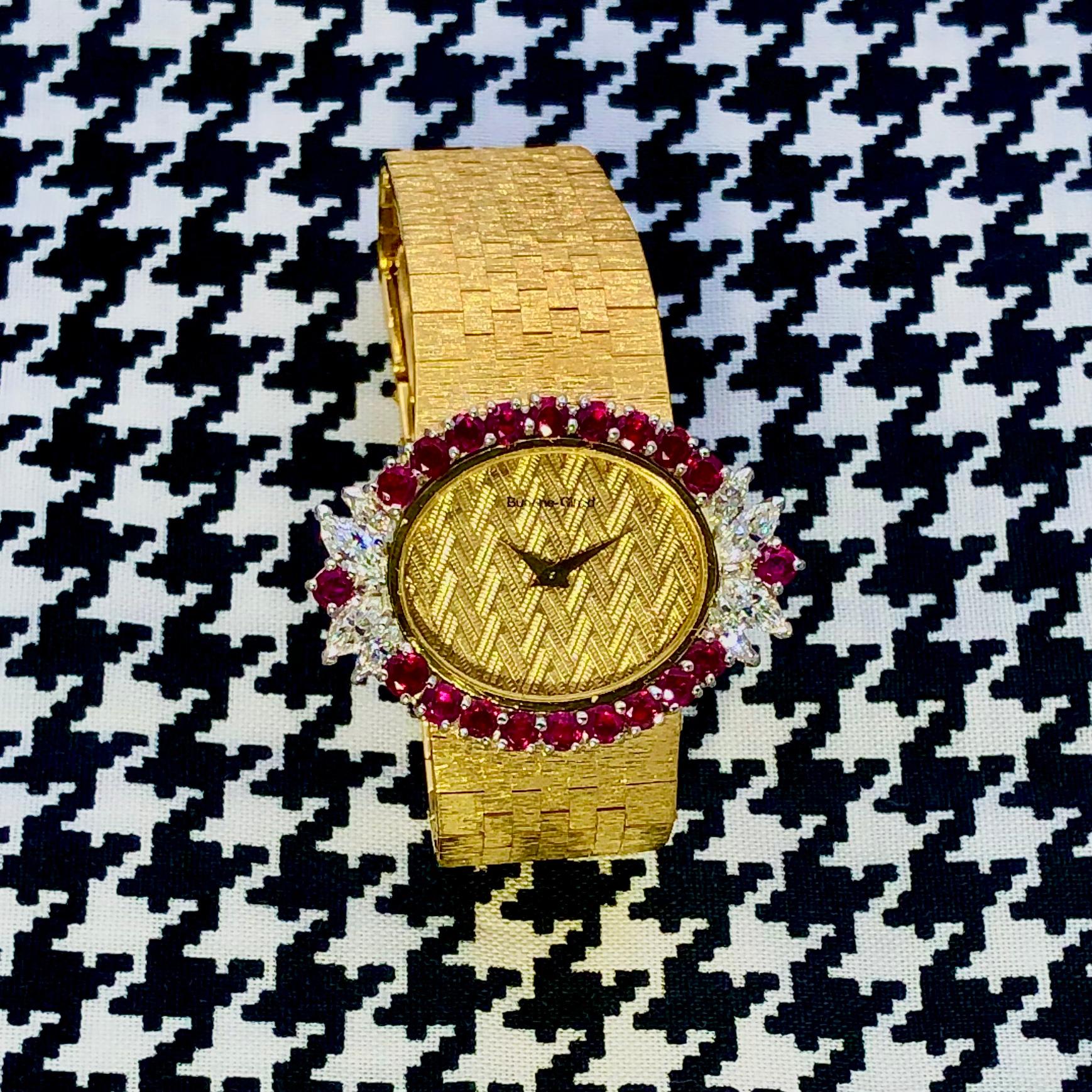 Brilliant Cut Elegant 18k Vintage Bueche-Girod Ruby and Diamond Wrist Watch For Sale