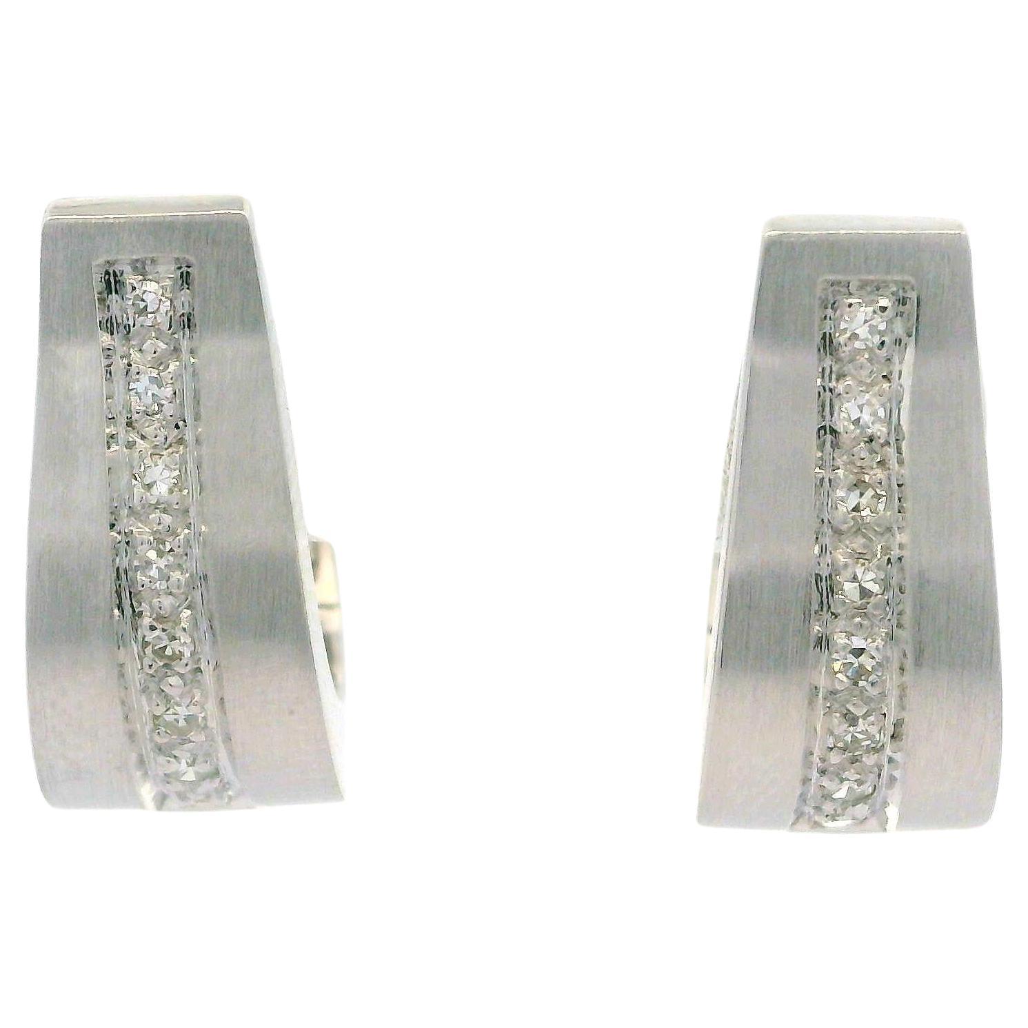 Elegant 18k White Gold 0.10ctw Diamond Brushed Finish Cuff Huggie Earrings For Sale