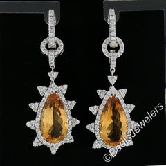 Elegant 18k White Gold 14.40ctw Long Pear Citrine & Diamond Dangle Drop Earrings