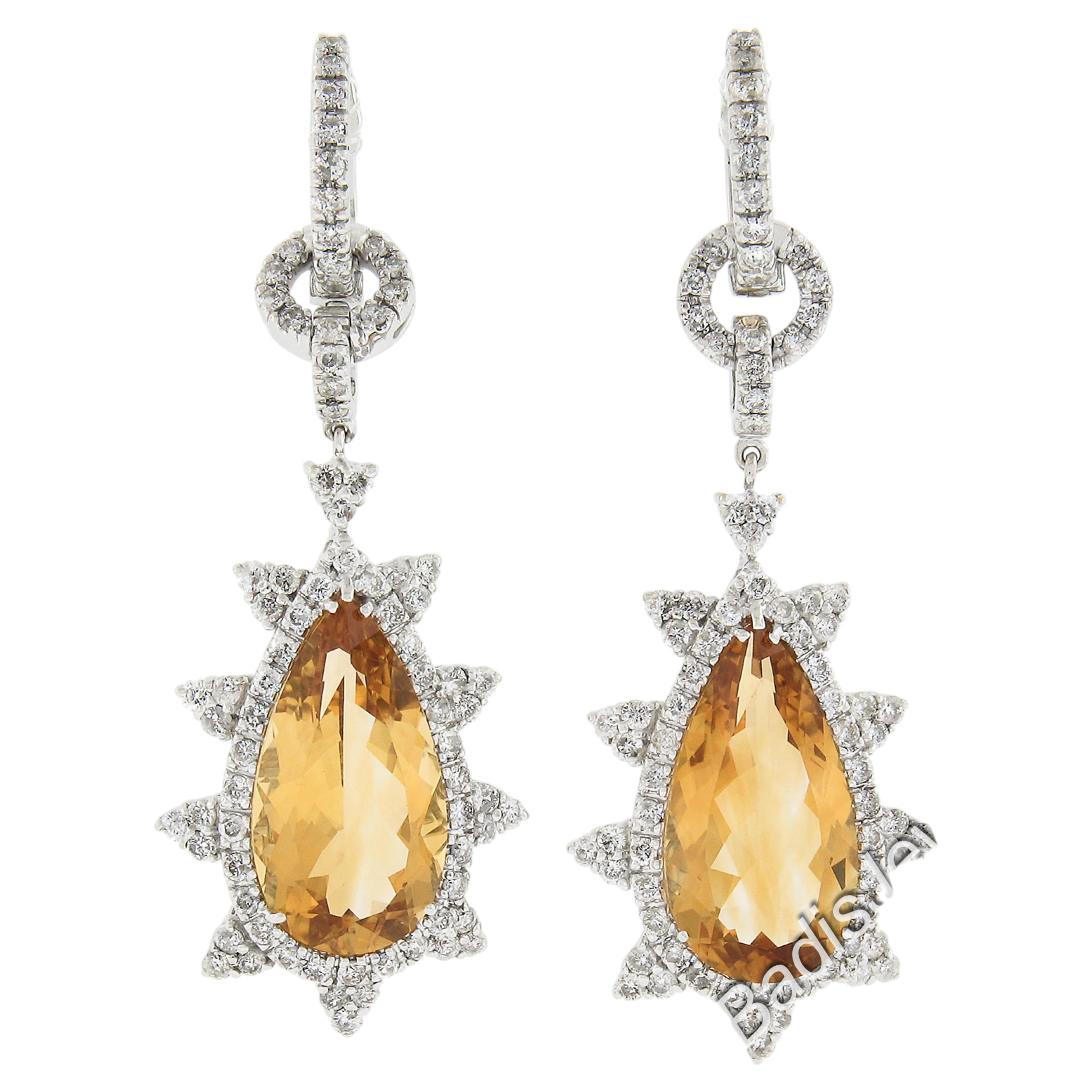 Elegant 18k White Gold 14.40ctw Long Pear Citrine & Diamond Dangle Drop Earrings For Sale