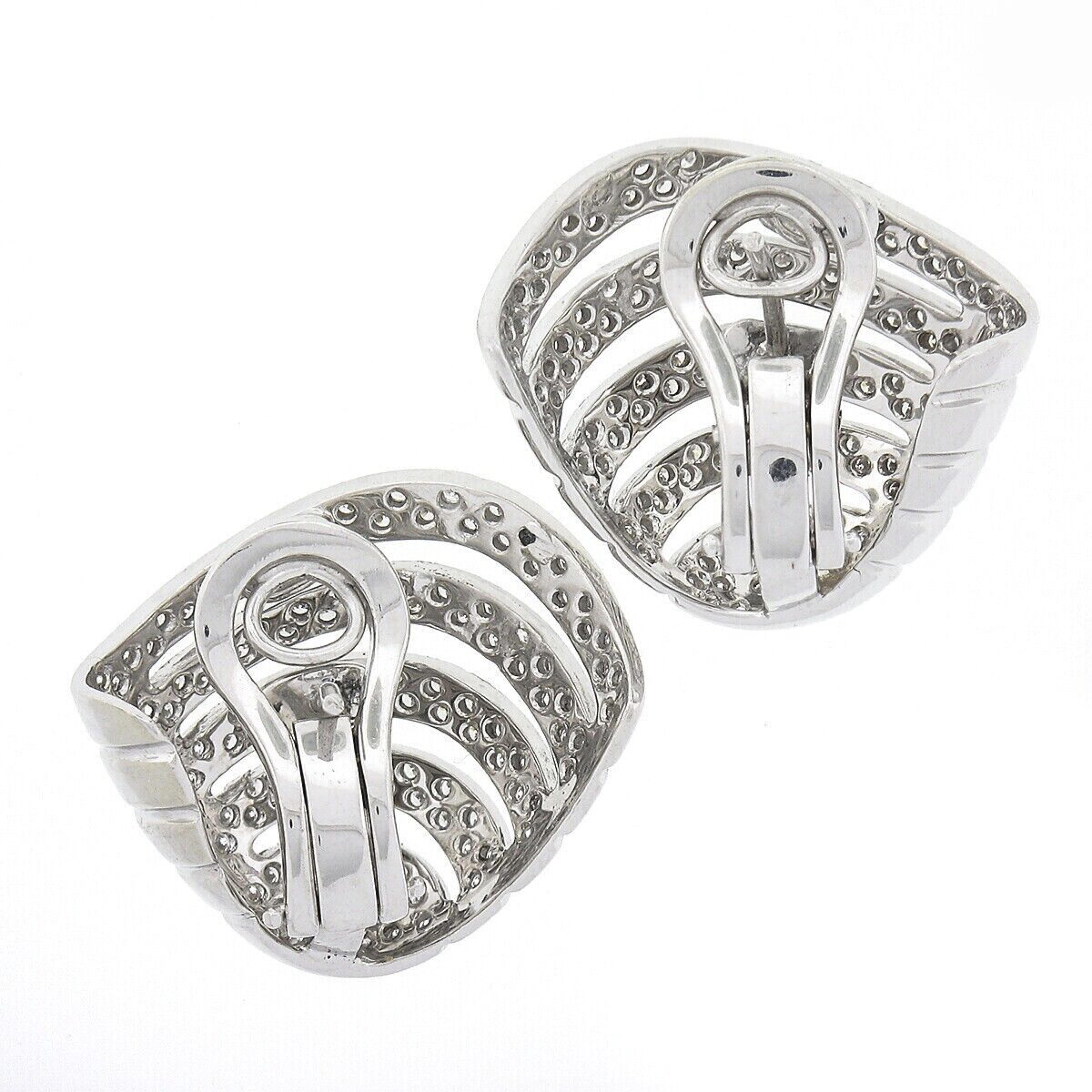 Elegant 18K White Gold 1.60ctw Pave Diamond Open Shell Shape Statement Earrings In Excellent Condition For Sale In Montclair, NJ