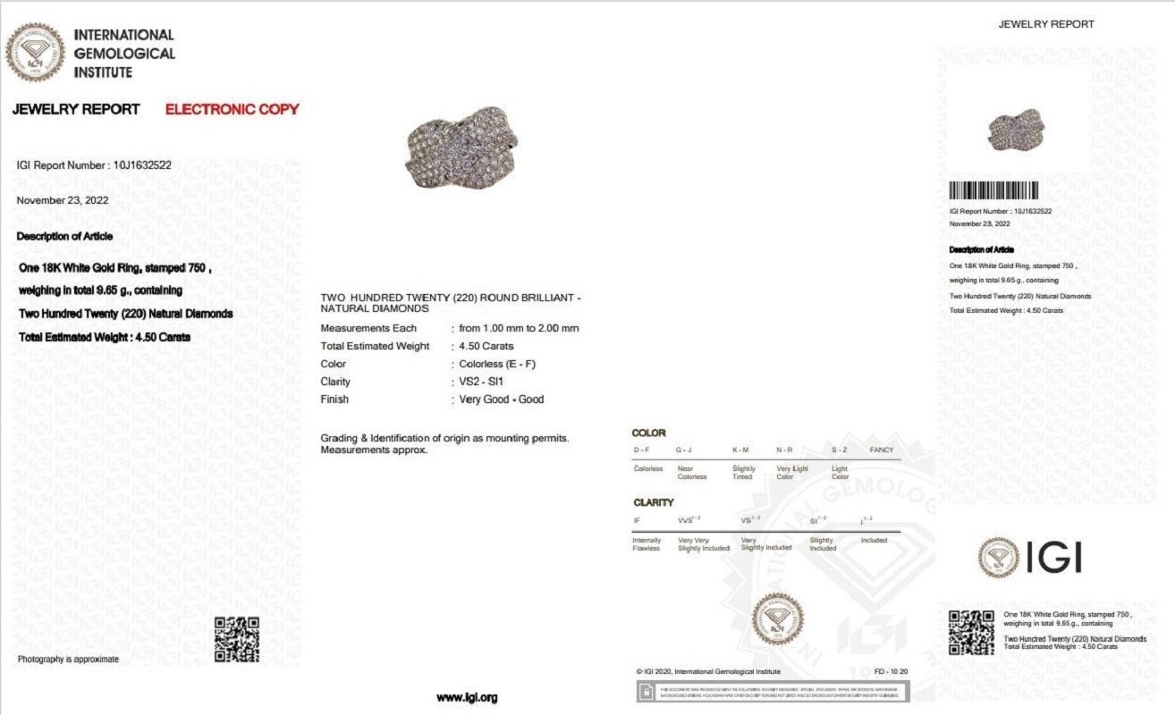 Round Cut Elegant 18k White Gold Dome Ring with 4.50 Ct Natural Diamonds IGI Certificate