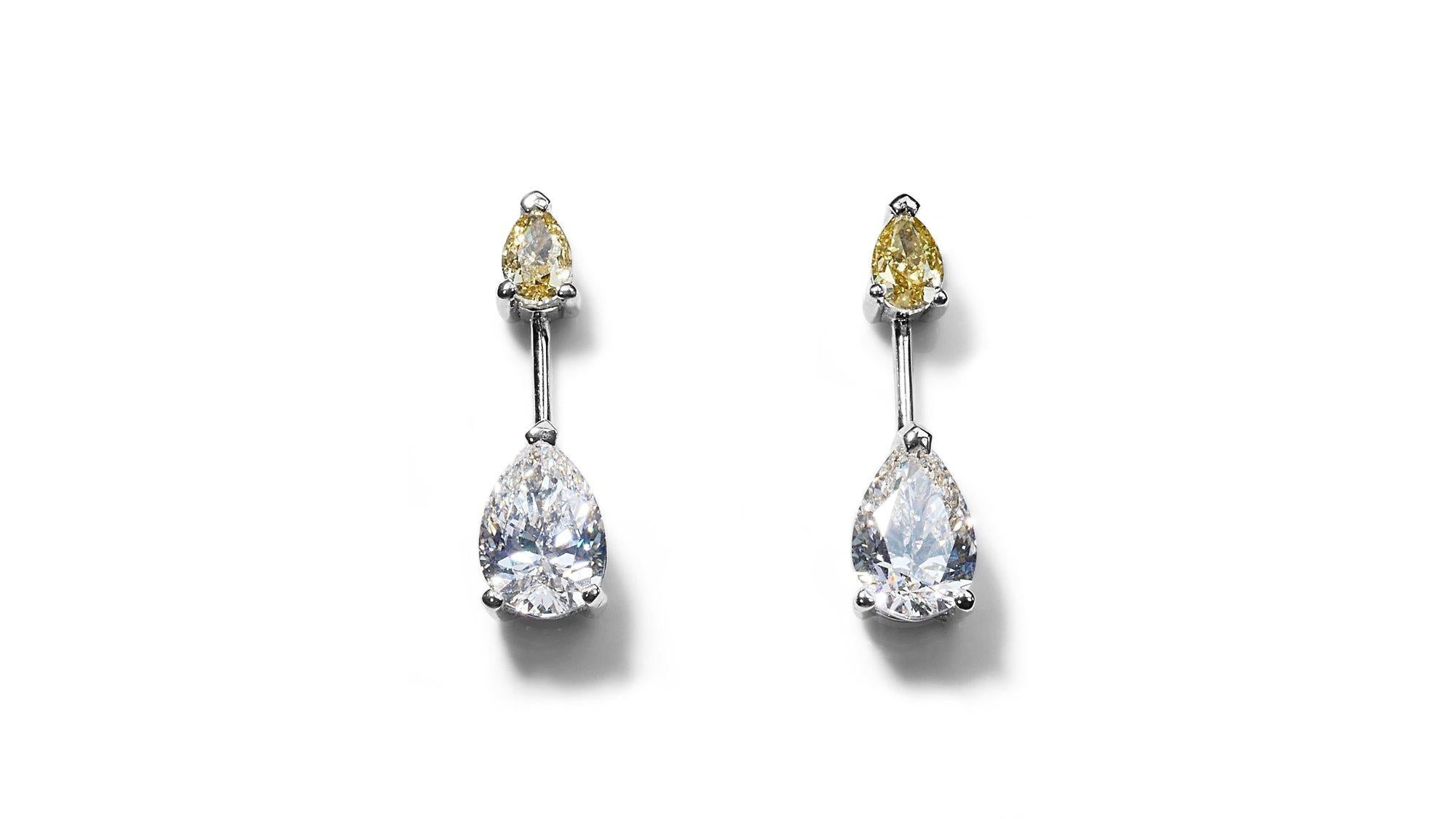 Pear Cut Elegant 18k White Gold Drop Earrings w/ 2.59 ct Natural Diamonds-AIG Certificate For Sale