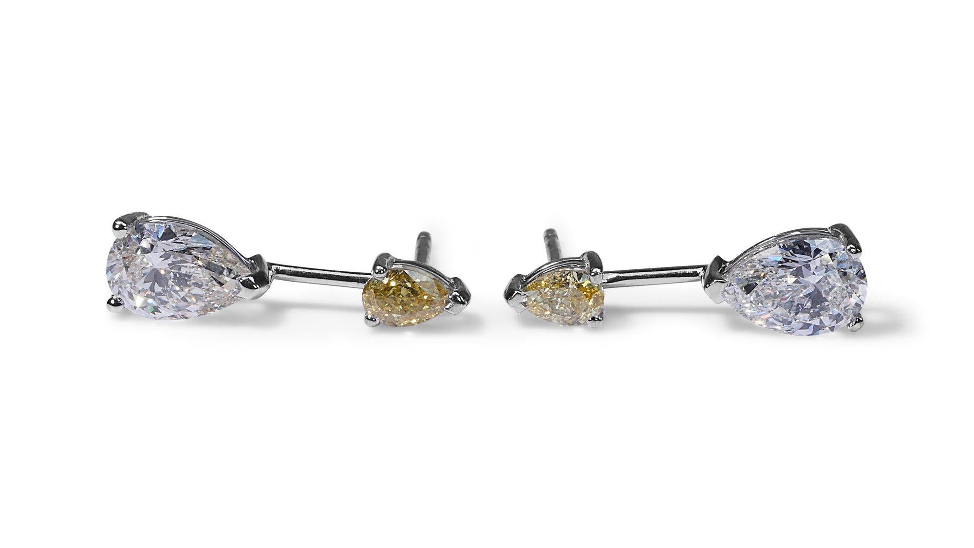 Pear Cut Elegant 18k White Gold Drop Earrings w/ 2.59 ct Natural Diamonds-AIG Certificate For Sale