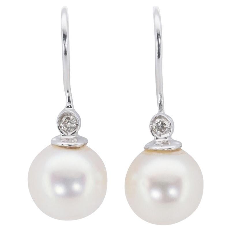 Elegant 18k White Gold Drop Earrings with 0.02 Ct Natural Diamonds and Pearls at 1stDibs