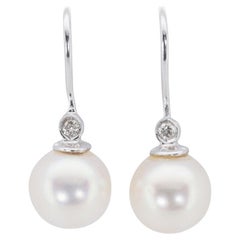 Elegant 18k White Gold Drop Earrings with 0.02 Ct Natural Diamonds and Pearls