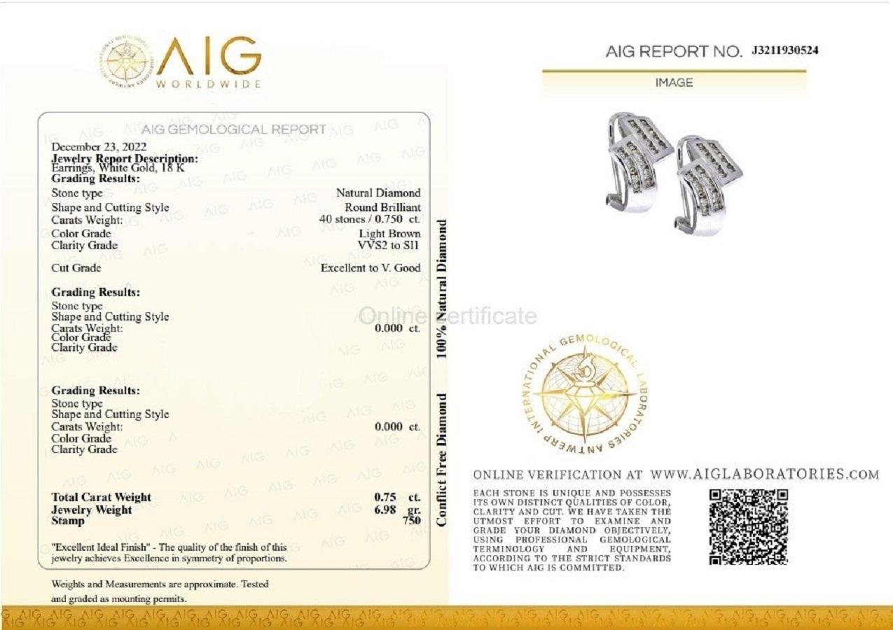 Elegante Ohrringe aus 18 Karat Weißgold mit 0,75 Karat natürlichen Diamanten, AIG-Zertifikat (Rundschliff) im Angebot