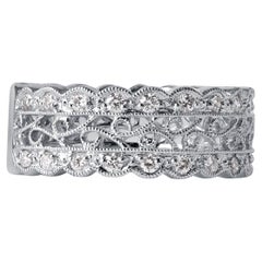 Elegant 18K White Gold Filigree Diamond Band  0.64 Carat Pavé Set Wide Band