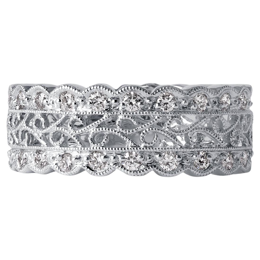 Elegant 18K White Gold Filigree Diamond Band  0.64 Carat Pavé Set Wide Band