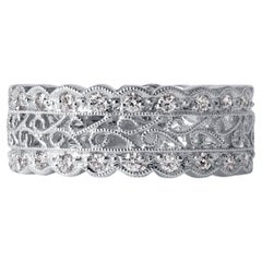 Elegant 18K White Gold Filigree Diamond Band  0.64 Carat Pavé Set Wide Band